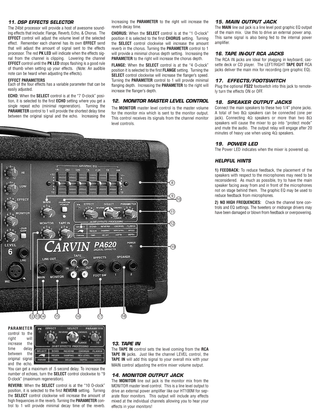 Carvin PA620 manual Monitor Master Level Control, Main Output Jack, Tape IN-OUT RCA Jacks, Effects/Footswitch, Power LED 