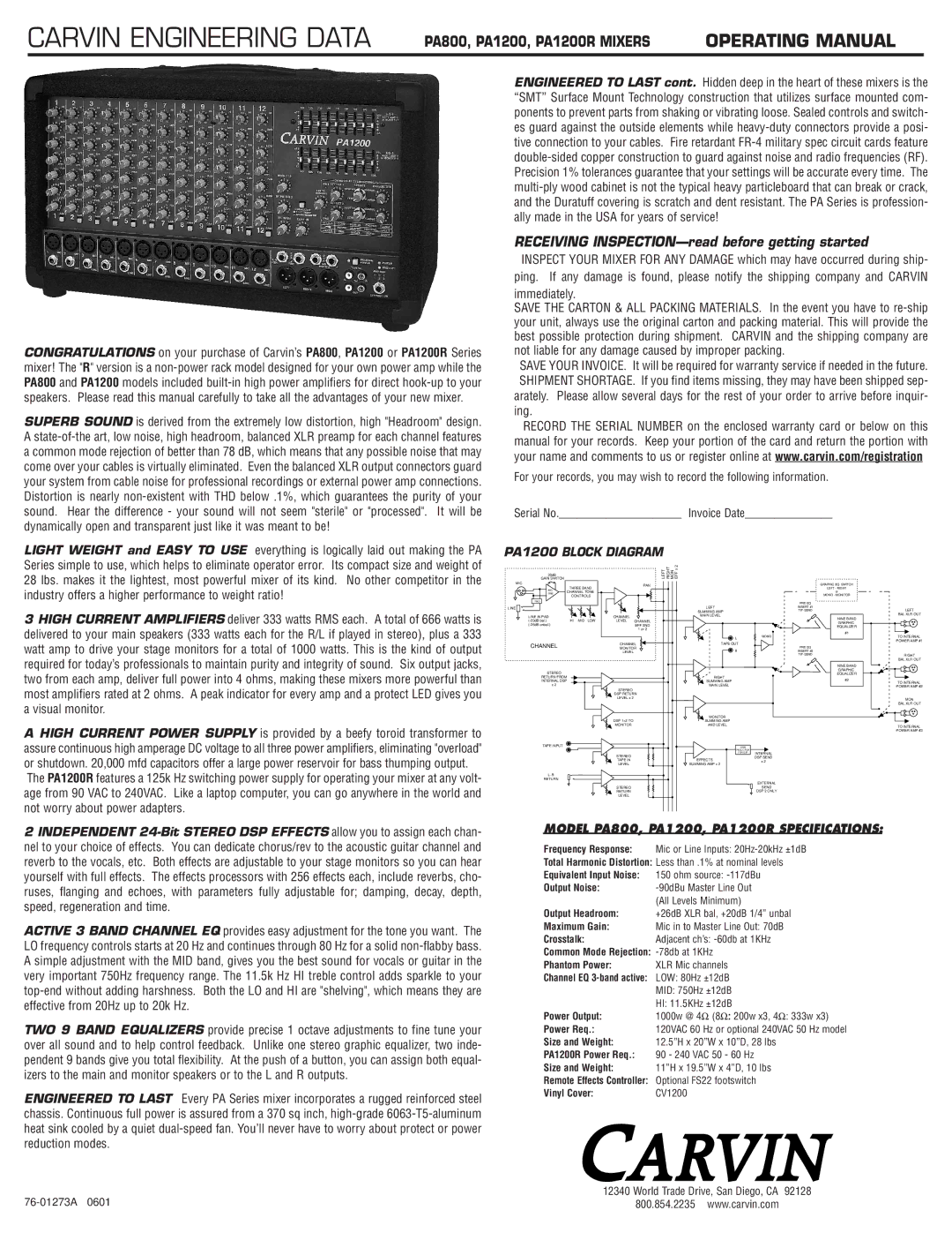 Carvin PA800 manual Receiving INSPECTION-read before getting started, Immediately 