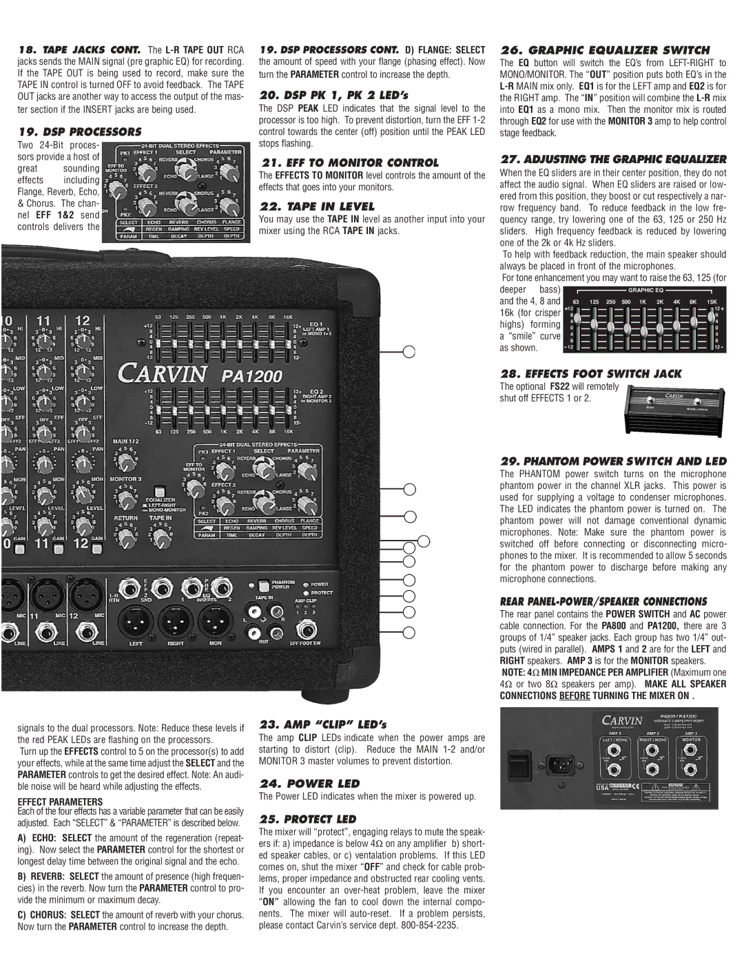 Carvin PA800 DSP Processors, EFF to Monitor Control, Tape in Level, Graphic Equalizer Switch, Effects Foot Switch Jack 