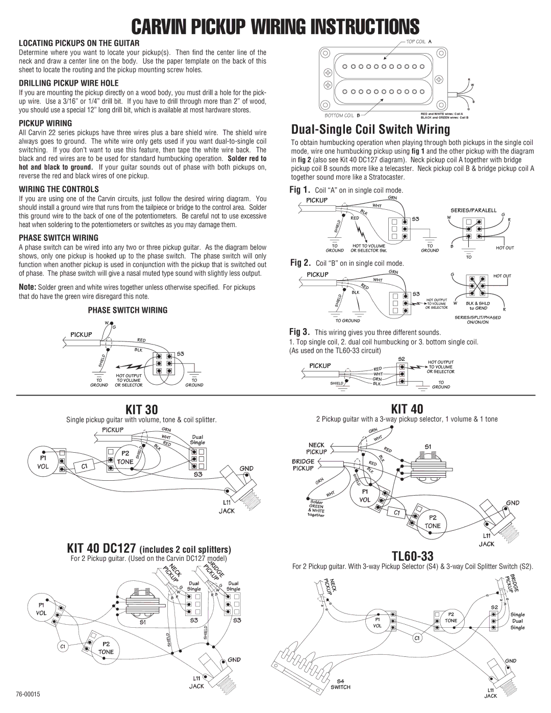 Carvin PickupWiring manual Dual-Single Coil Switch Wiring, Kit, TL60-33 