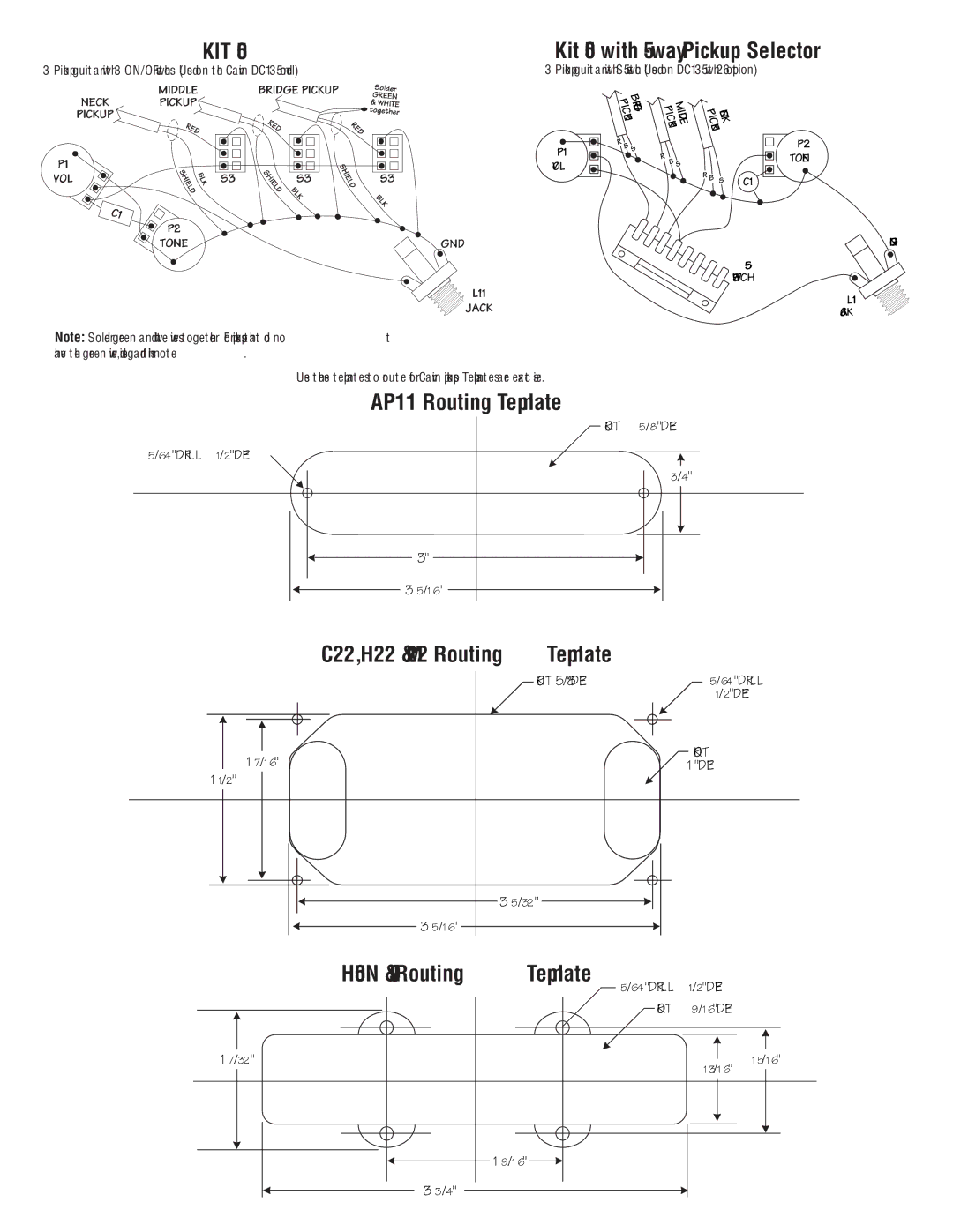 Carvin PickupWiring manual C22, H22 & M22 Routing Template 