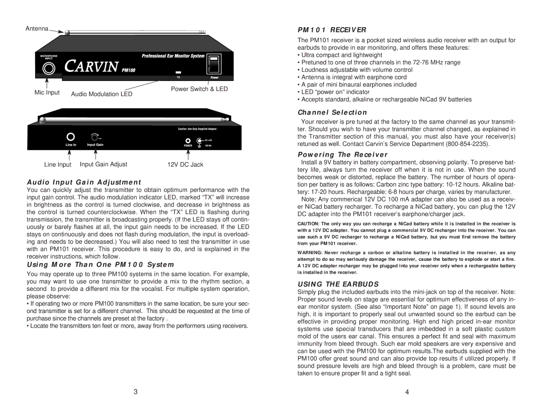 Carvin PM100 manual PM101 Receiver, Using the Earbuds 