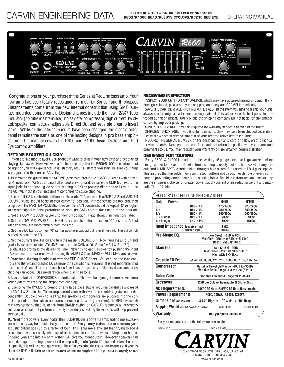 Carvin R600 Series III manual Receiving Inspection, Getting Started Quickly, Designed for Touring 