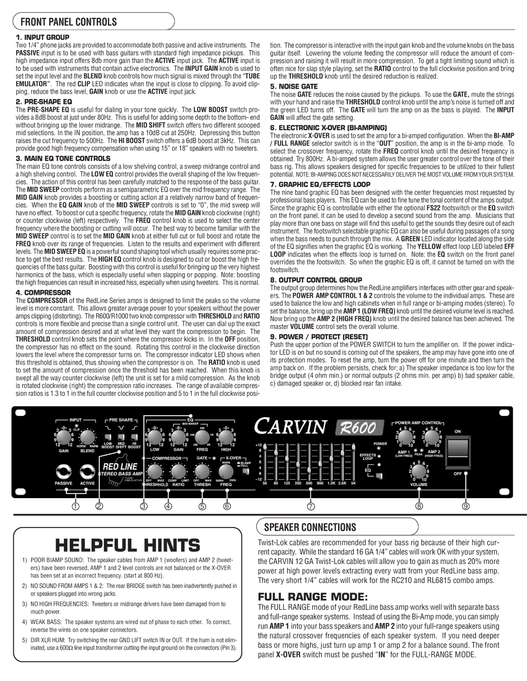 Carvin R600 Series III manual Front Panel Controls, Speaker Connections, Full Range Mode 