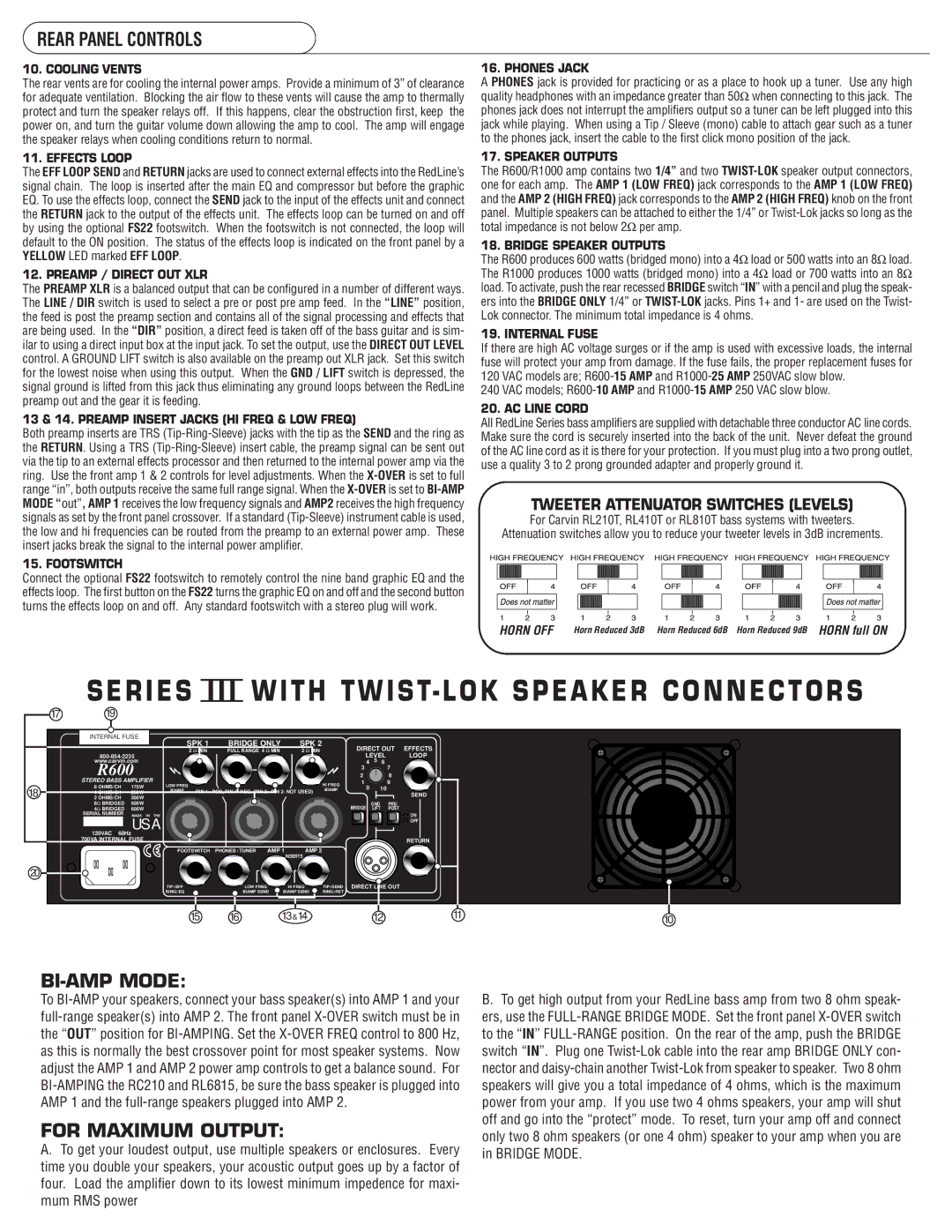 Carvin R600 Series III manual Rear Panel Controls, BI-AMP Mode, For Maximum Output 