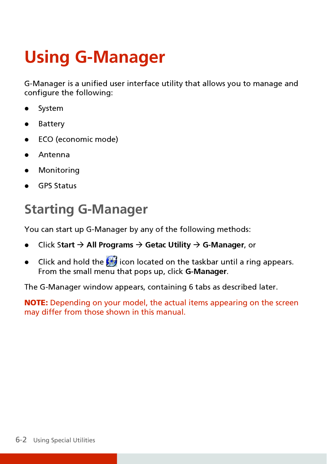 Carvin S400 manual Using G-Manager, Starting G-Manager, Click Start Æ All Programs Æ Getac Utility Æ G-Manager, or 