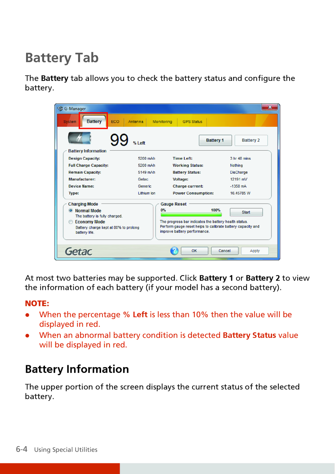 Carvin S400 manual Battery Tab, Battery Information 