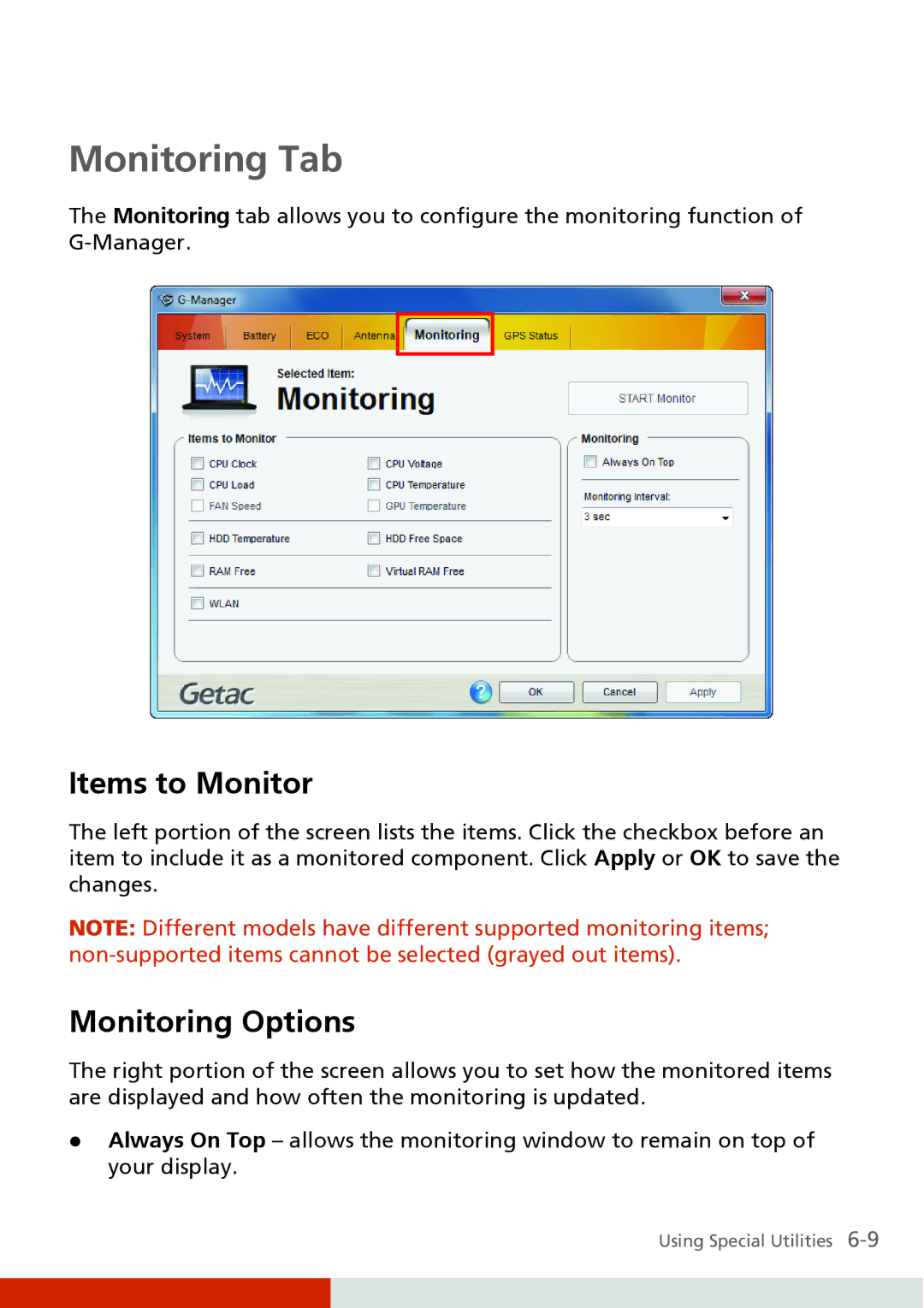 Carvin S400 manual Monitoring Tab, Items to Monitor, Monitoring Options 