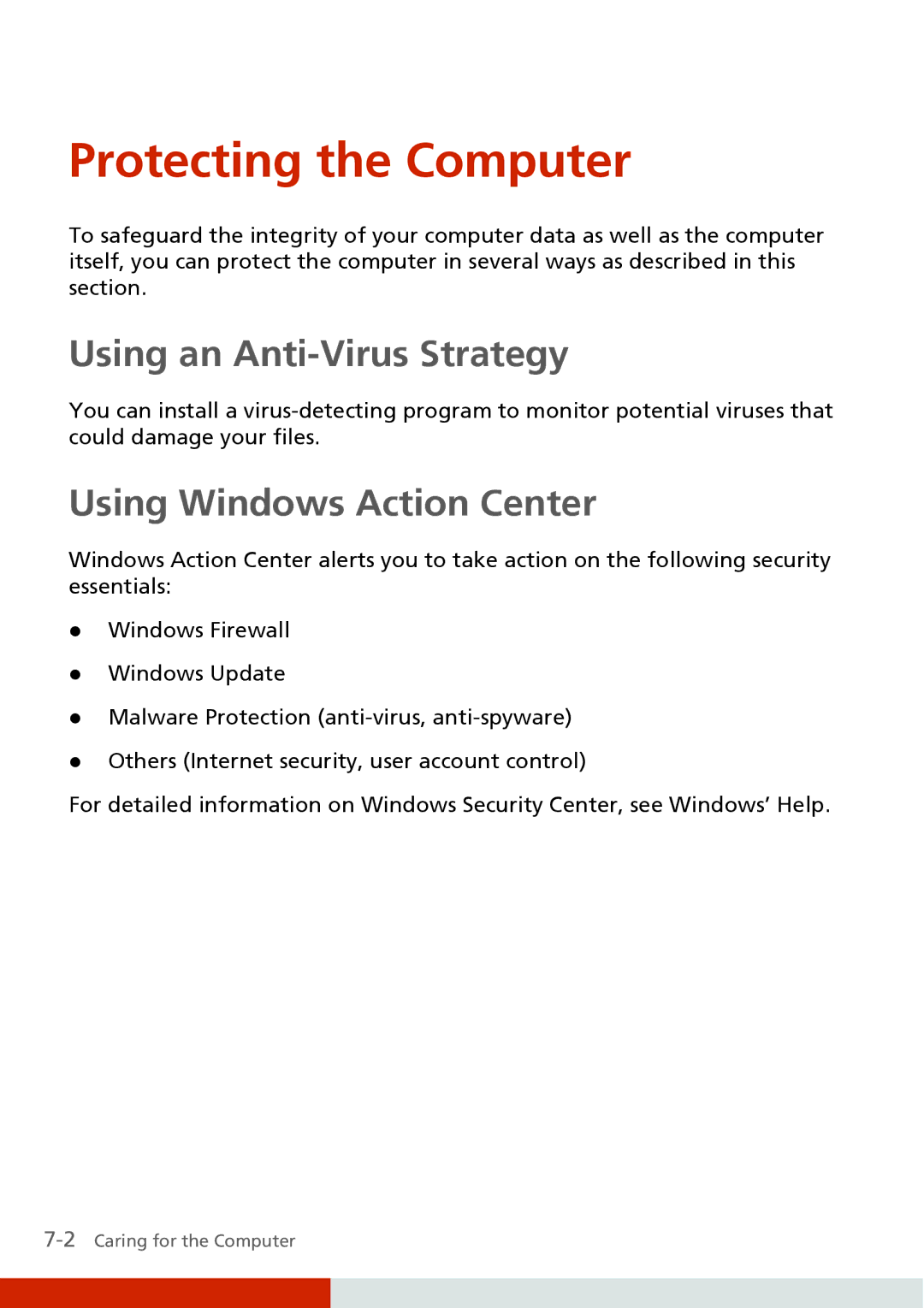 Carvin S400 manual Protecting the Computer, Using an Anti-Virus Strategy, Using Windows Action Center 