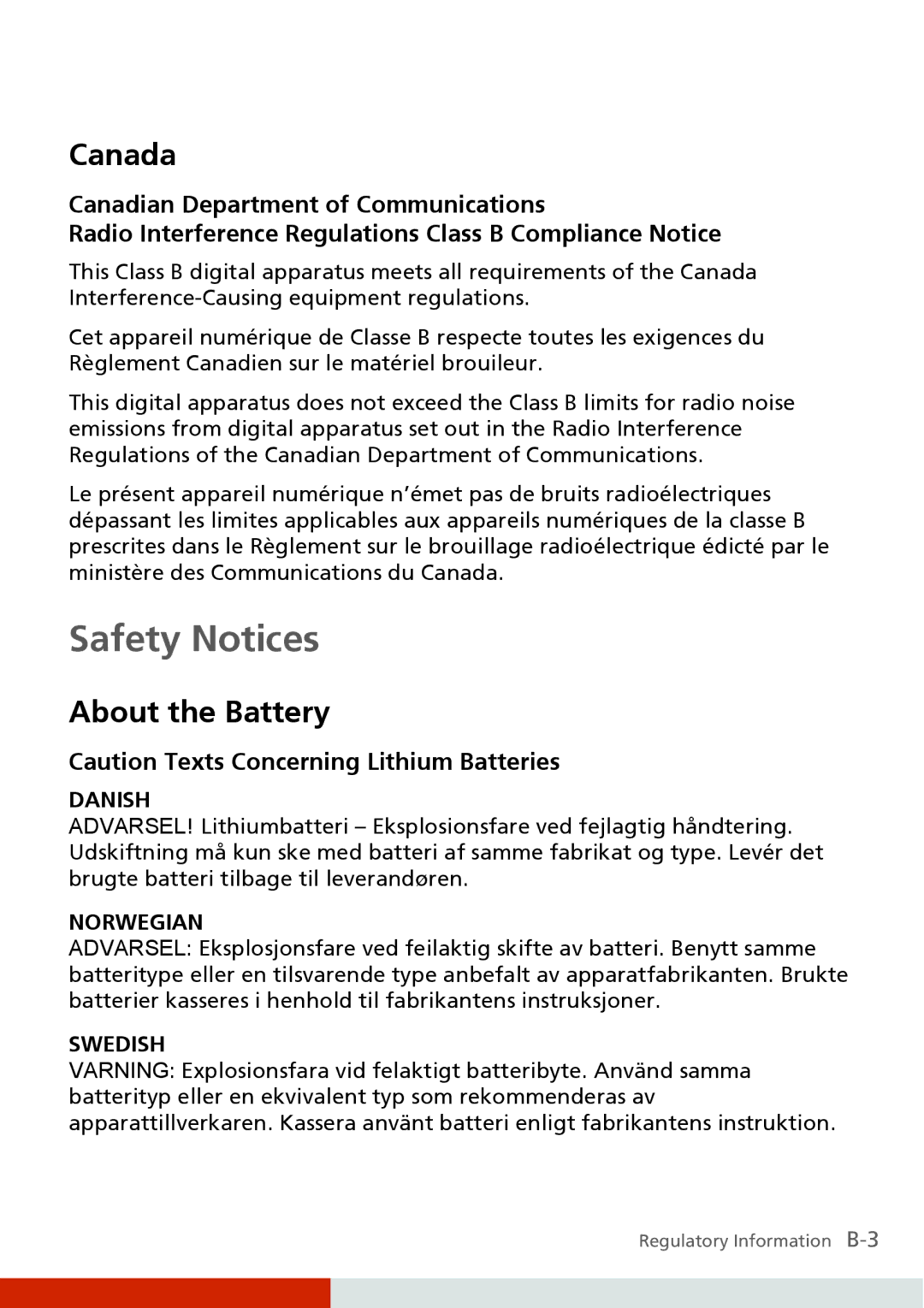 Carvin S400 manual Safety Notices, Canada, About the Battery 