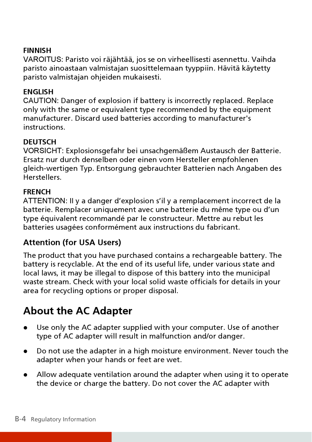 Carvin S400 manual About the AC Adapter, Finnish 