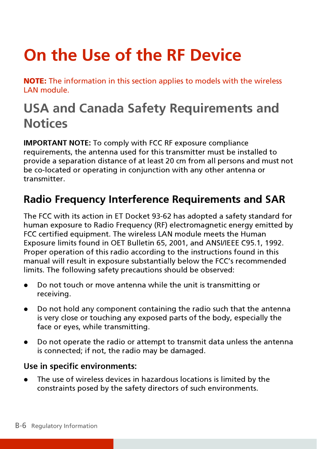 Carvin S400 On the Use of the RF Device, USA and Canada Safety Requirements and Notices, Use in specific environments 