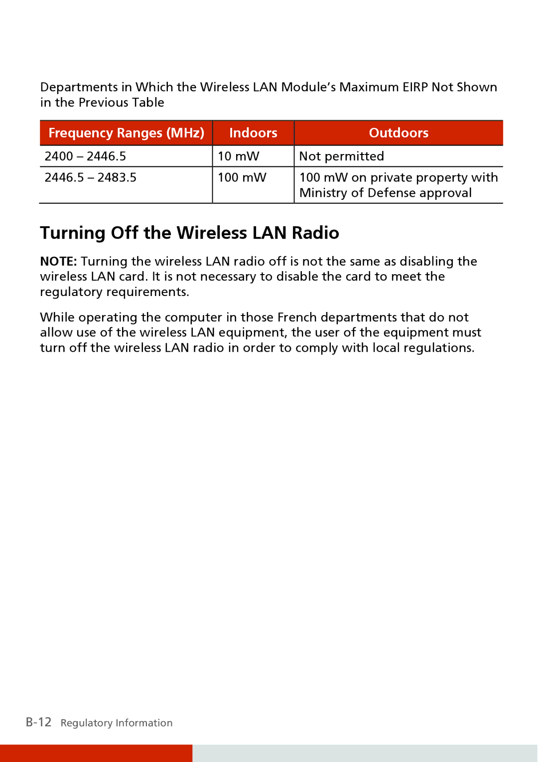 Carvin S400 manual Turning Off the Wireless LAN Radio, Indoors Outdoors 