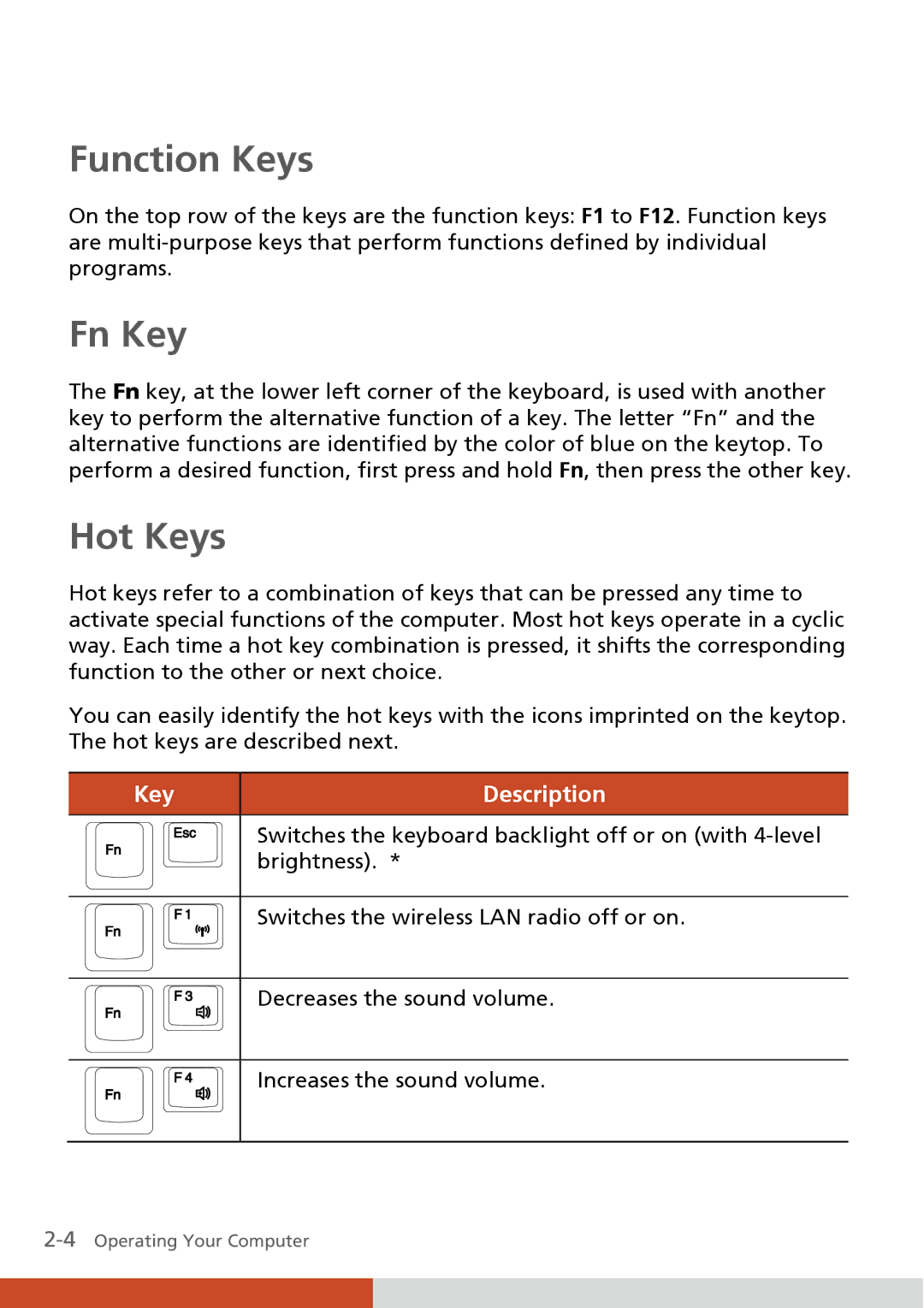 Carvin S400 manual Function Keys, Fn Key, Hot Keys 