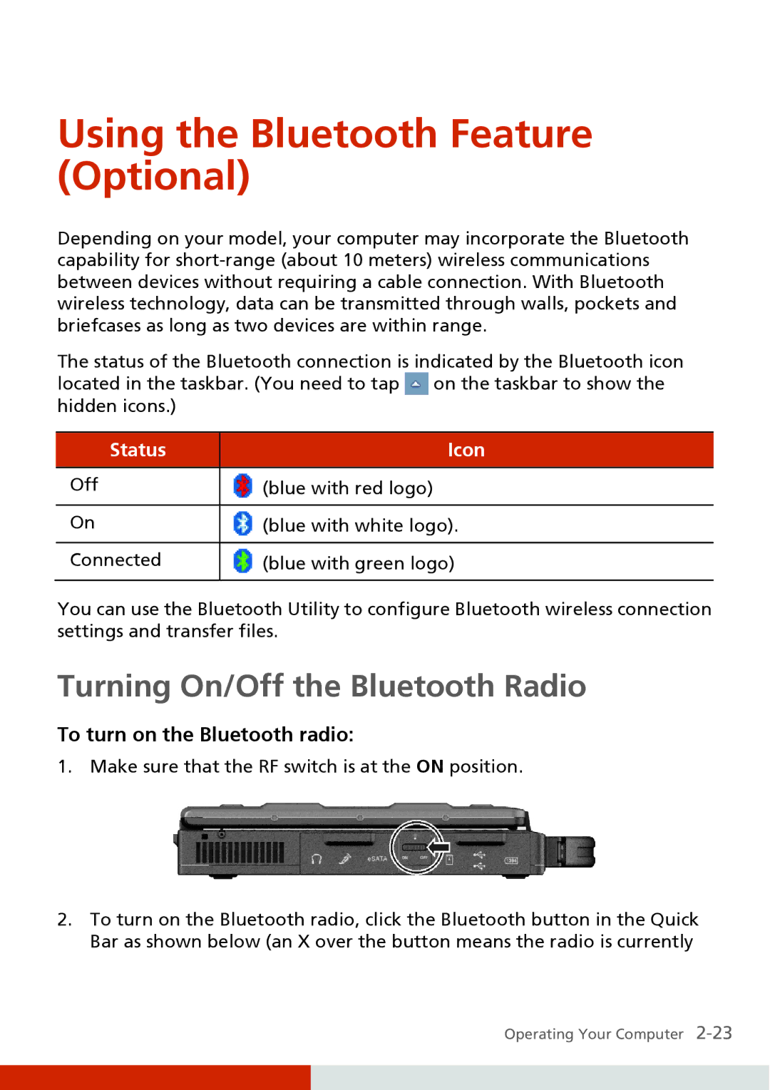 Carvin S400 manual Using the Bluetooth Feature Optional, Turning On/Off the Bluetooth Radio, To turn on the Bluetooth radio 