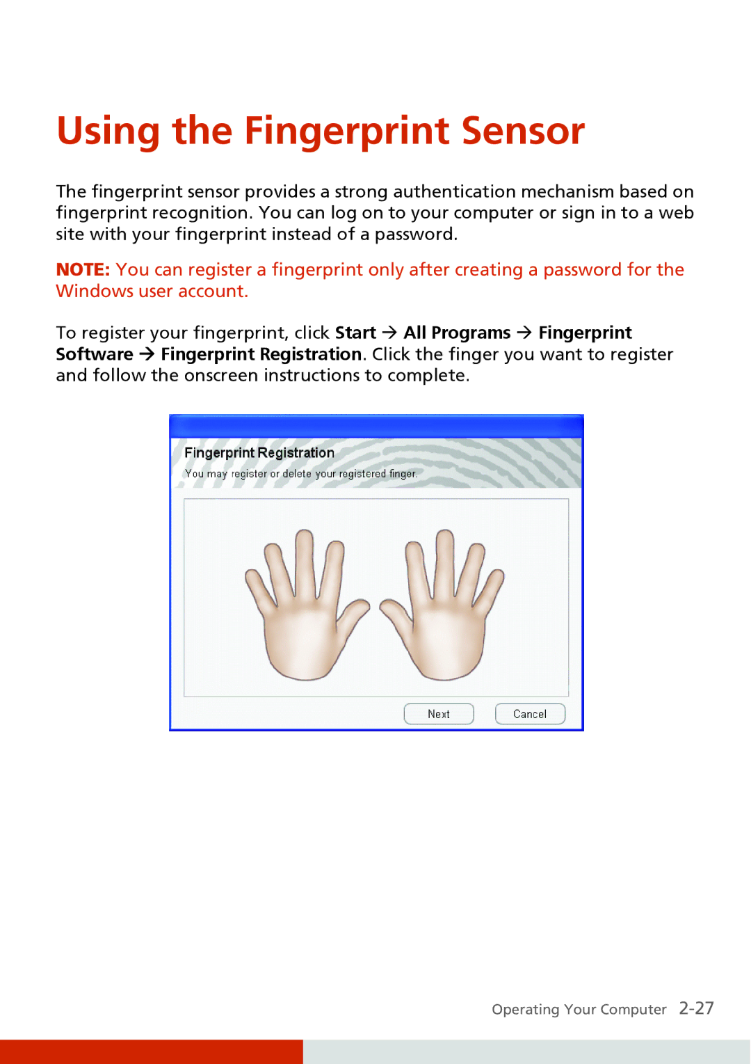 Carvin S400 manual Using the Fingerprint Sensor 