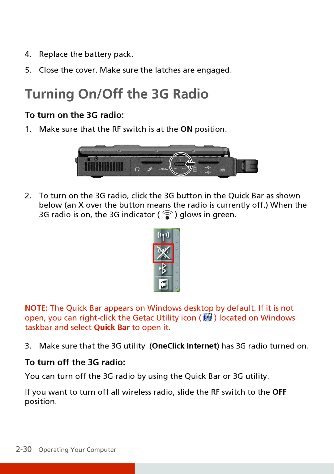 Carvin S400 manual Turning On/Off the 3G Radio, To turn on the 3G radio, To turn off the 3G radio 