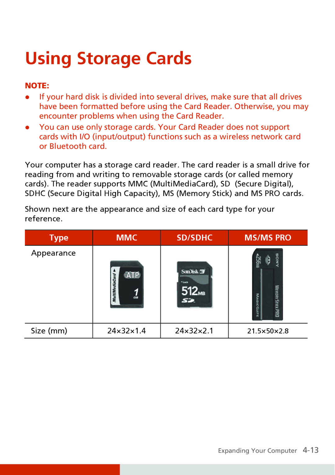 Carvin S400 manual Using Storage Cards, Mmc Sd/Sdhc Ms/Ms Pro 