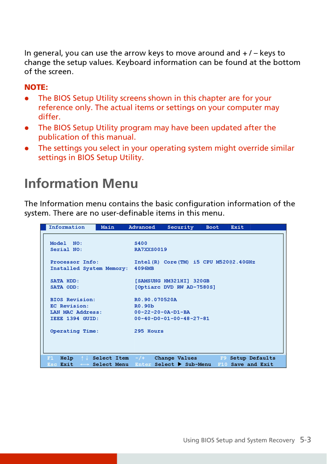 Carvin S400 manual Information Menu 