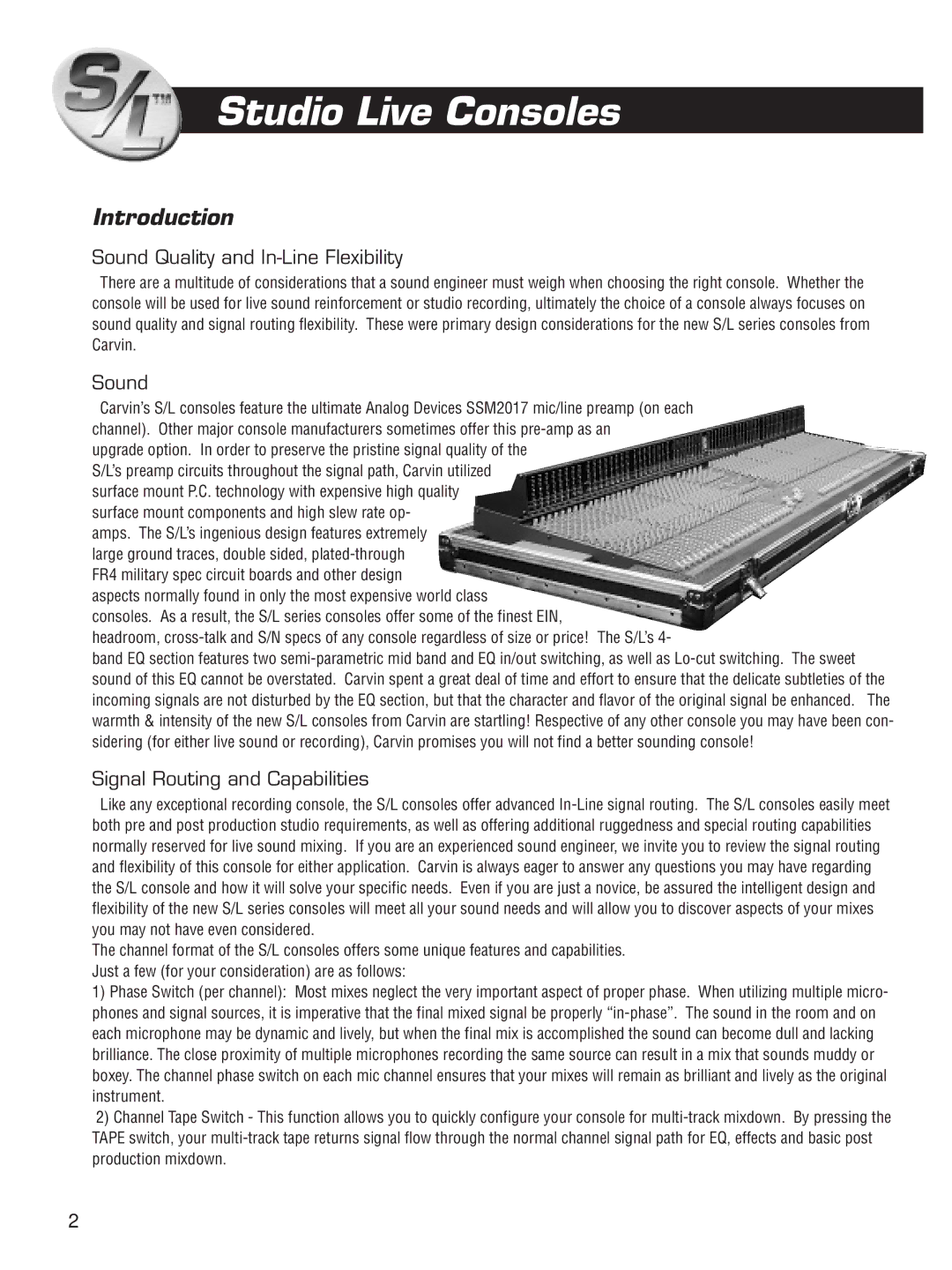 Carvin SL40C manual Introduction, Sound Quality and In-Line Flexibility, Signal Routing and Capabilities 