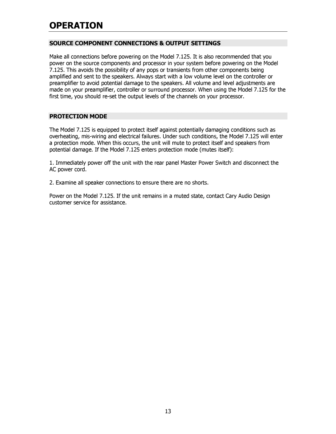 Cary Audio Design 7.125 owner manual Source Component Connections & Output Settings, Protection Mode 