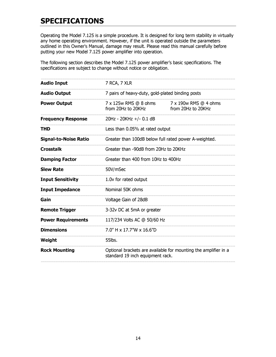 Cary Audio Design 7.125 owner manual Specifications 