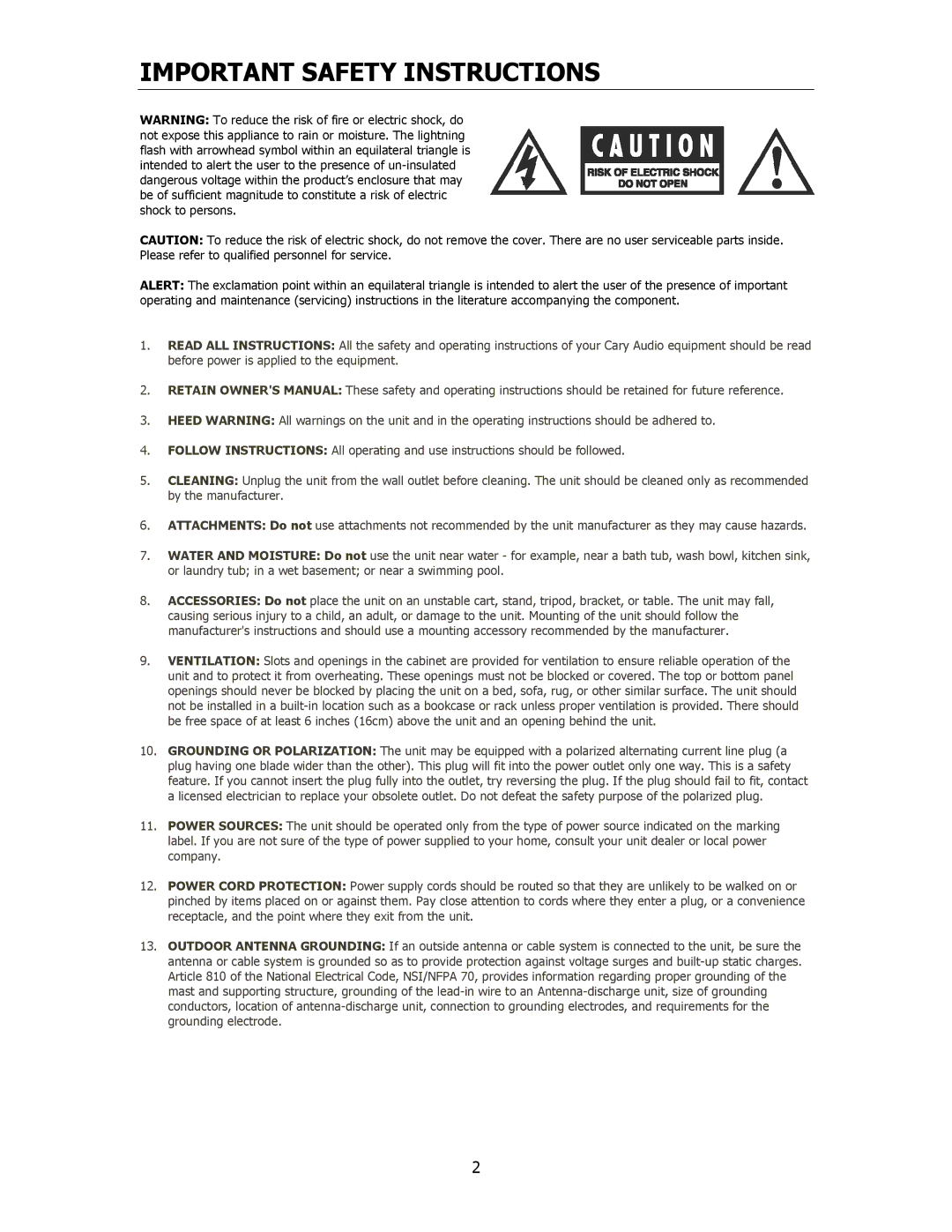 Cary Audio Design 7.125 owner manual Important Safety Instructions 