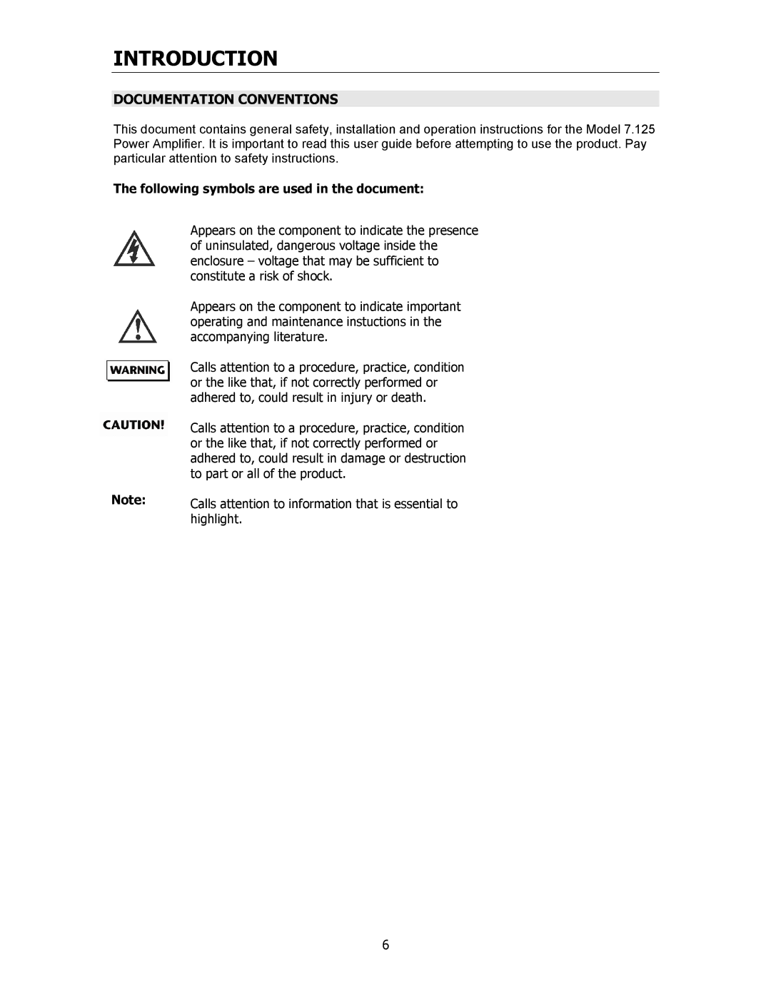 Cary Audio Design 7.125 owner manual Introduction, Documentation Conventions, Following symbols are used in the document 