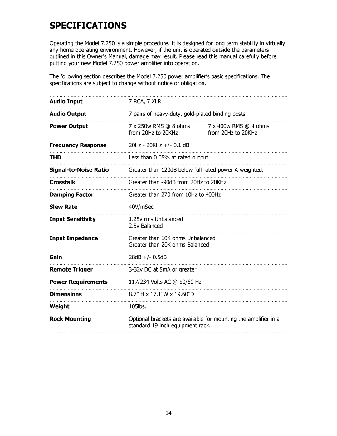 Cary Audio Design 7.25 owner manual Specifications 