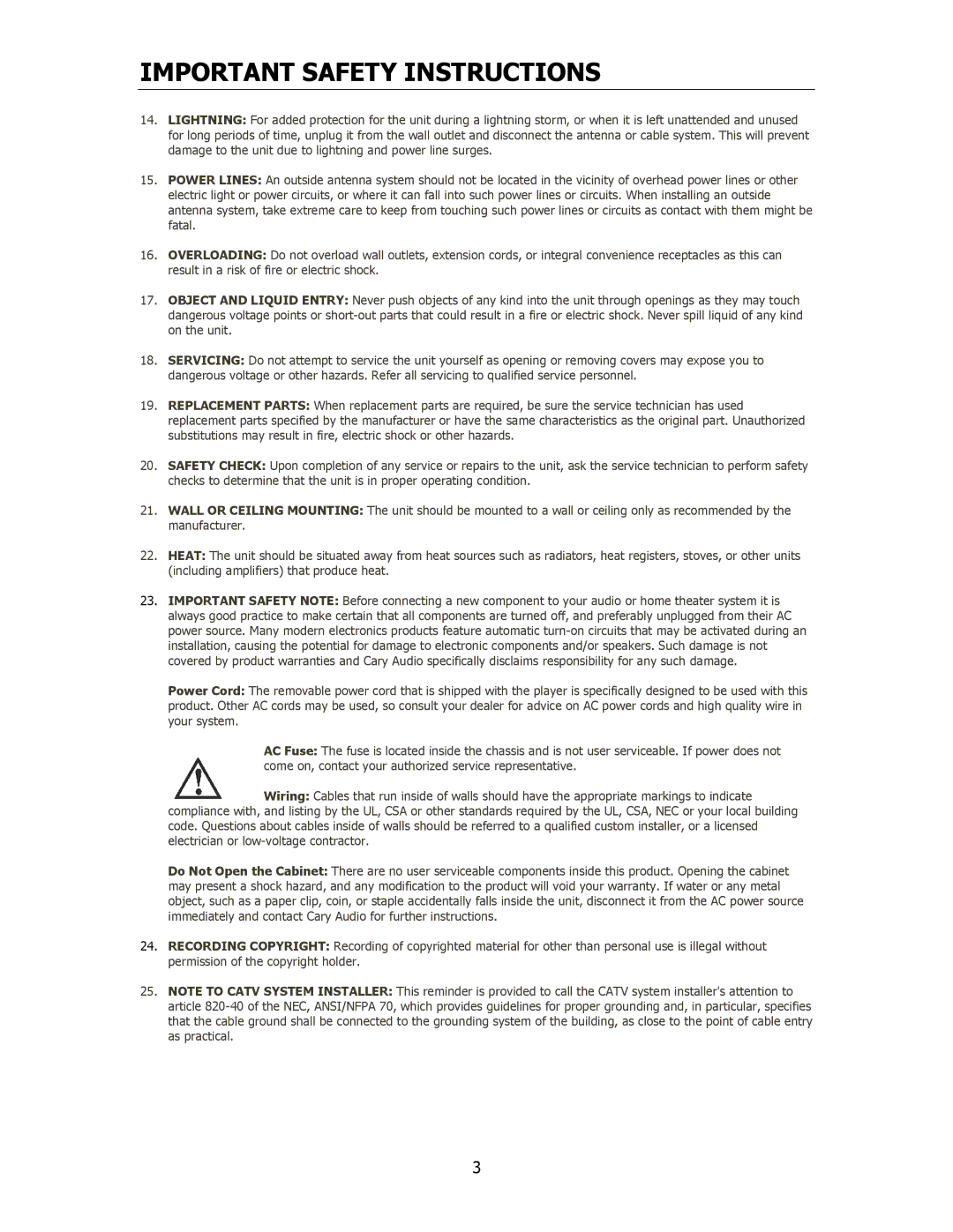 Cary Audio Design 7.25 owner manual Important Safety Instructions 