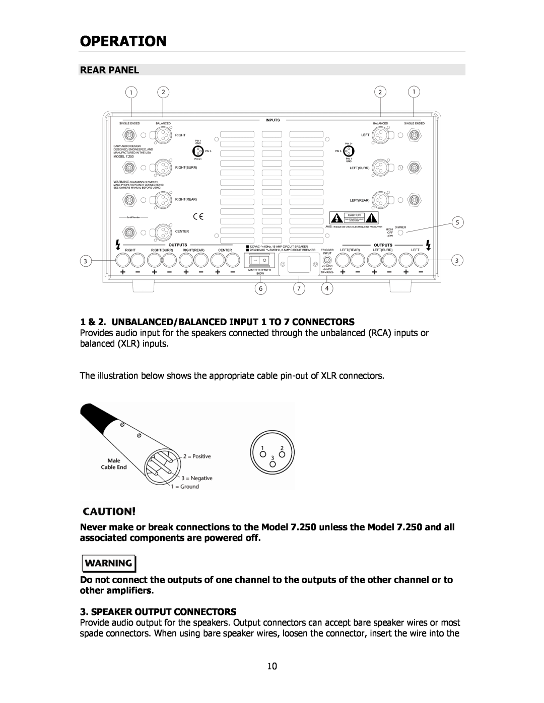 Cary Audio Design 7.25 owner manual Operation, Rear Panel 