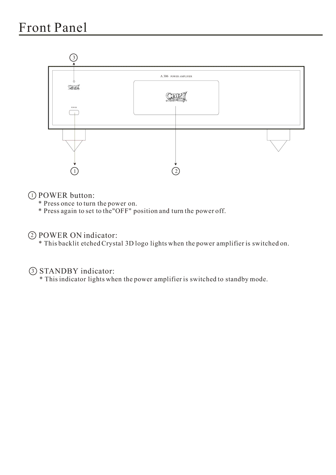 Cary Audio Design A 306 owner manual Front Panel, Power button 