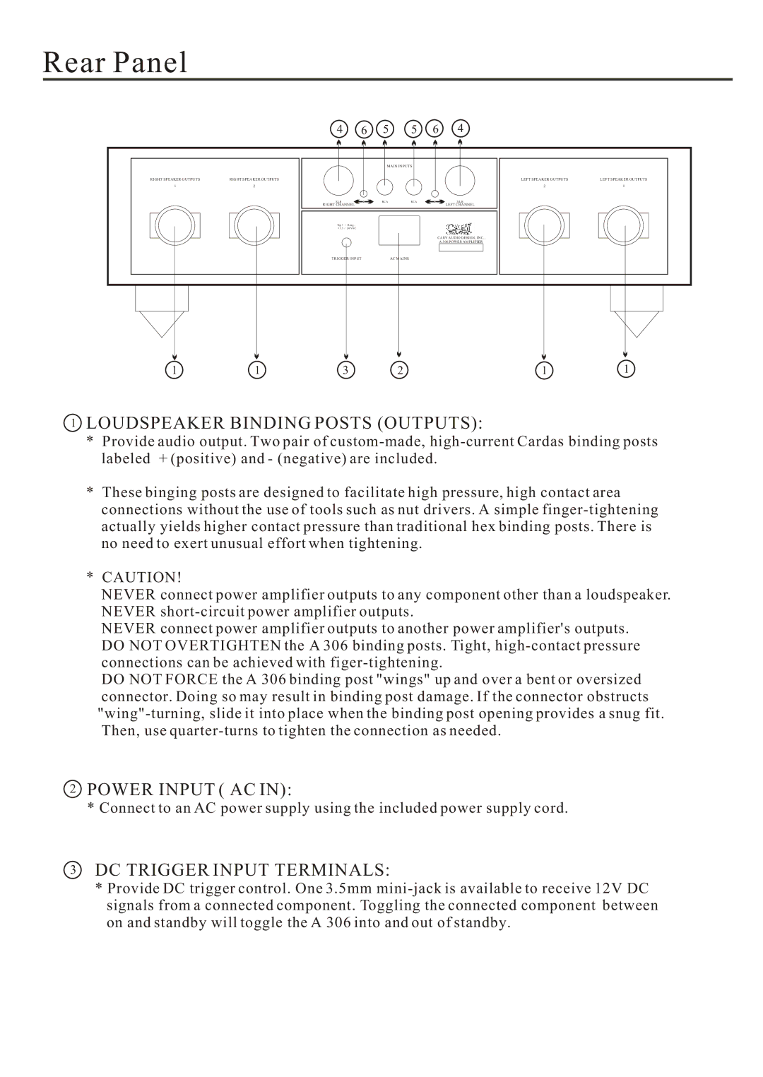 Cary Audio Design A 306 owner manual Rear Panel, Loudspeaker Binding Posts Outputs 