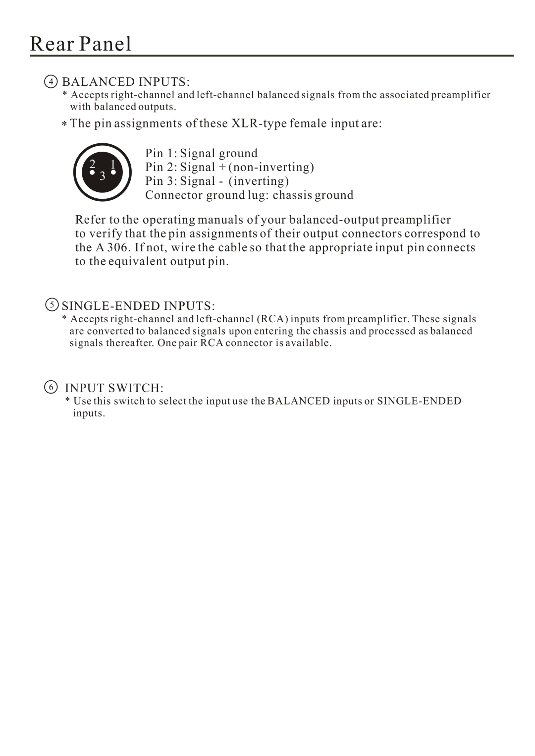 Cary Audio Design A 306 owner manual Balanced Inputs 