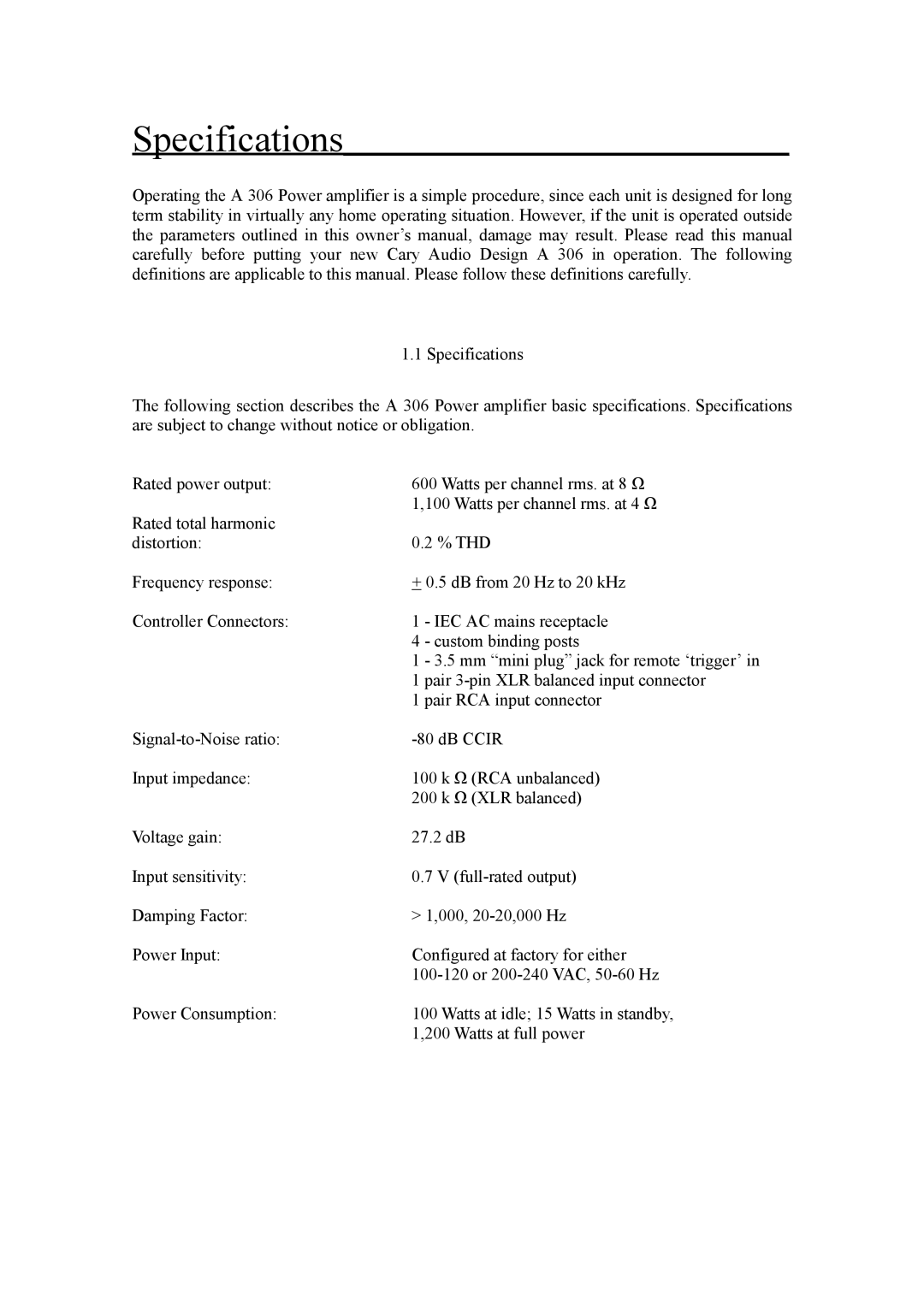 Cary Audio Design A 306 owner manual Specifications 