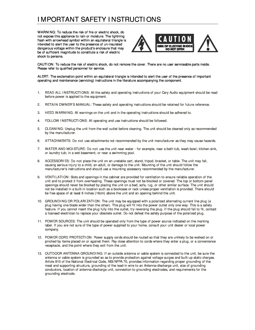 Cary Audio Design A 306 owner manual Important Safety Instructions 
