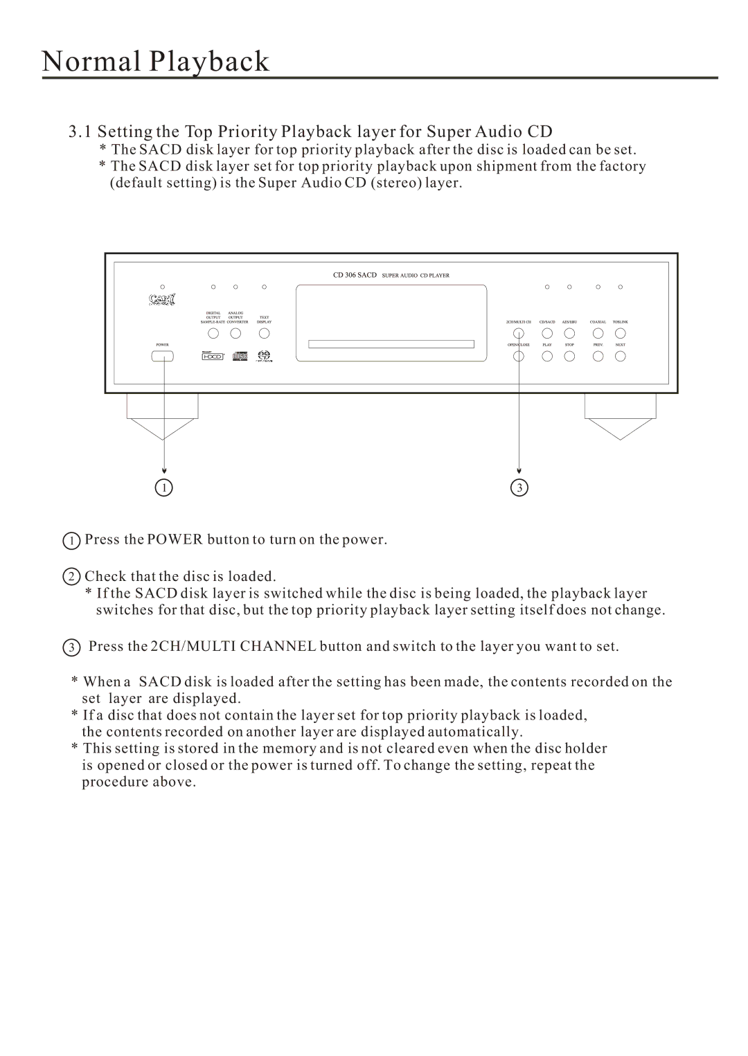 Cary Audio Design Audio CD Player owner manual Normal Playback, Setting the Top Priority Playback layer for Super Audio CD 