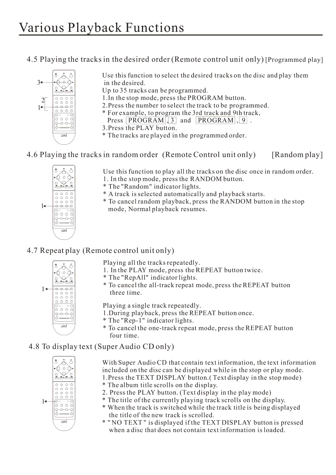 Cary Audio Design Audio CD Player owner manual Repeat play Remote control unit only, To display text Super Audio CD only 