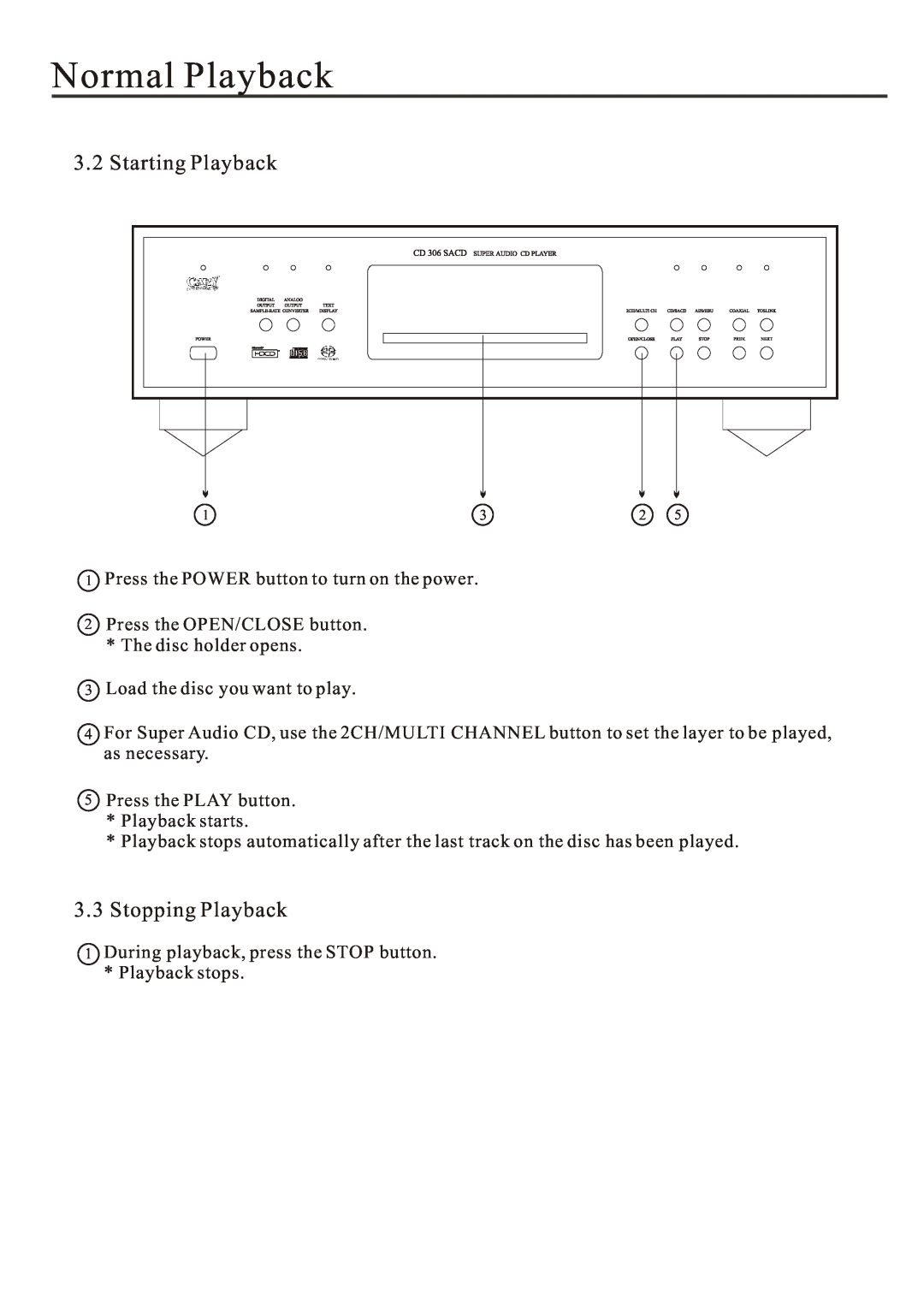 Cary Audio Design Audio CD Player owner manual Normal Playback, Starting Playback, 3.3Stopping Playback 