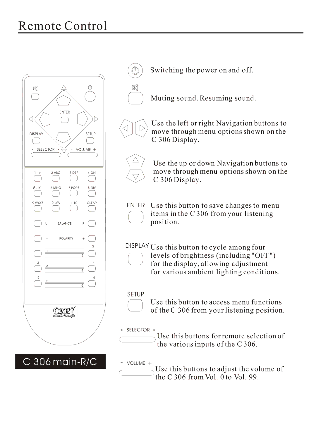 Cary Audio Design C 306 owner manual Remote Control, Main-R/C 