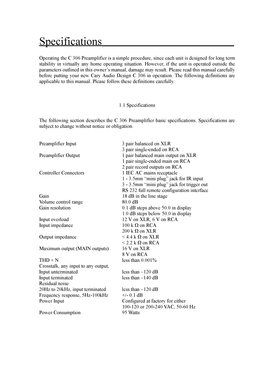 Cary Audio Design C 306 owner manual Specifications 