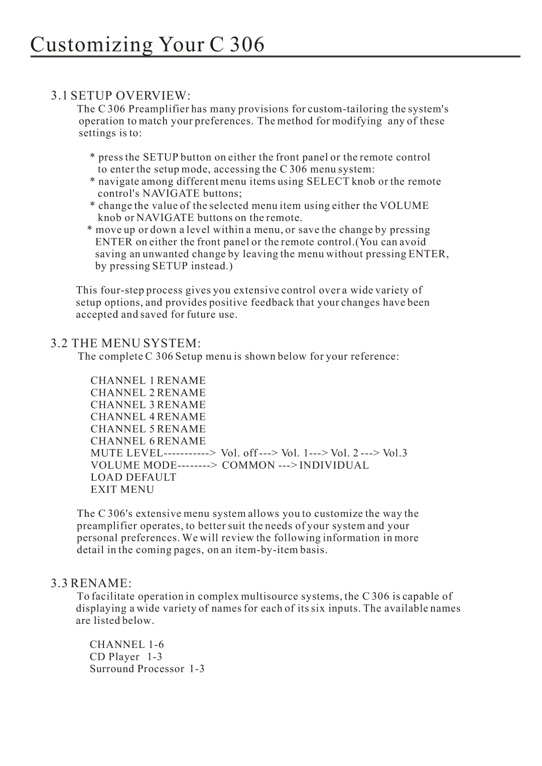 Cary Audio Design C 306 owner manual Customizing Your C, Setup Overview, Menu System, Rename 