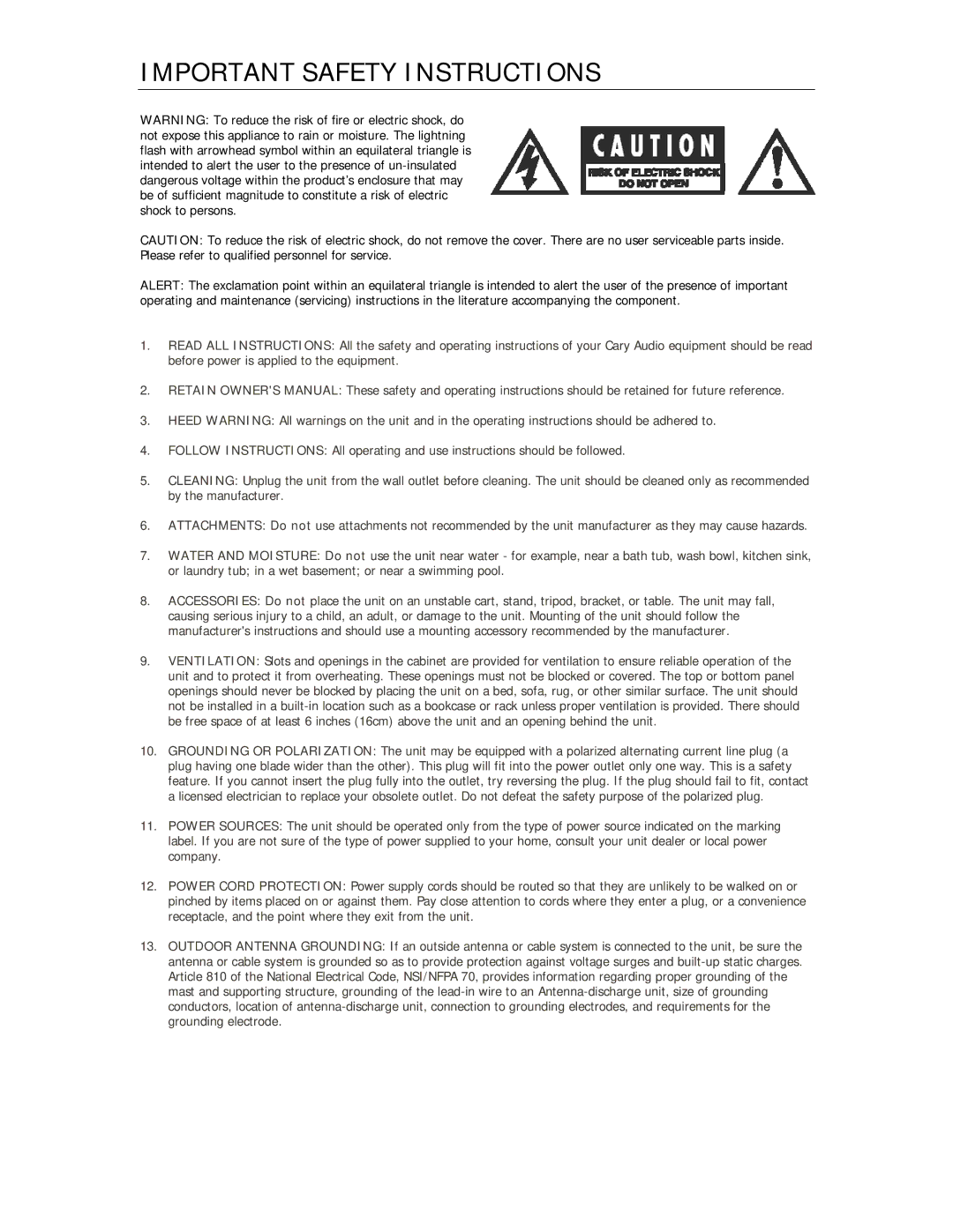 Cary Audio Design C 306 owner manual Important Safety Instructions 