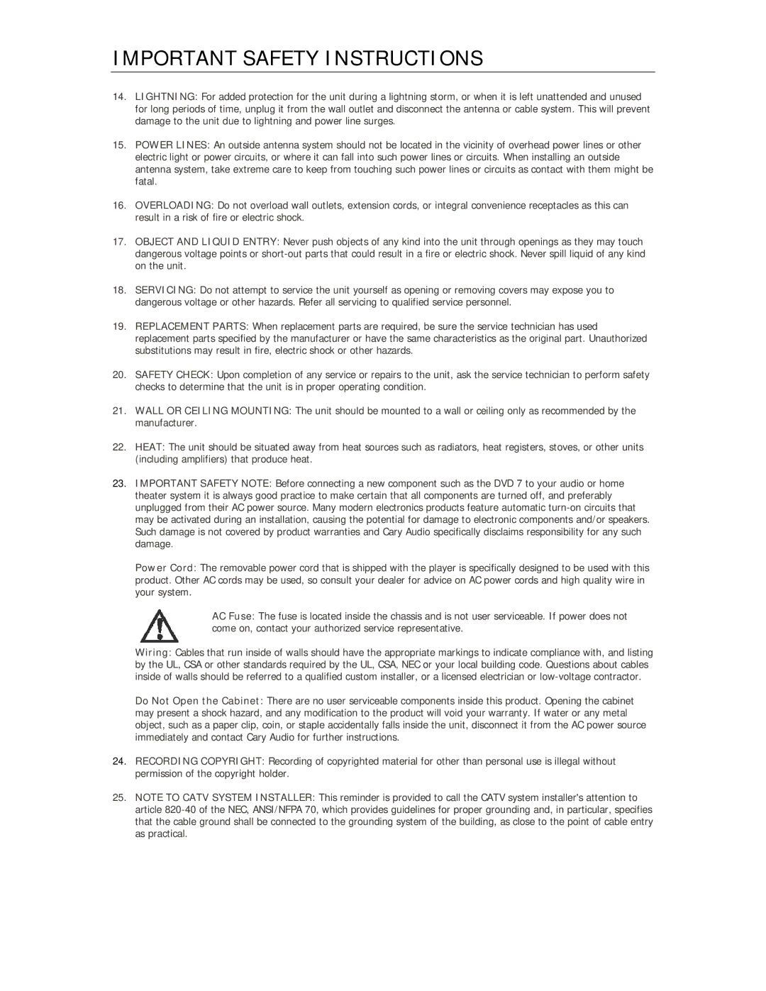 Cary Audio Design C 306 owner manual Important Safety Instructions 