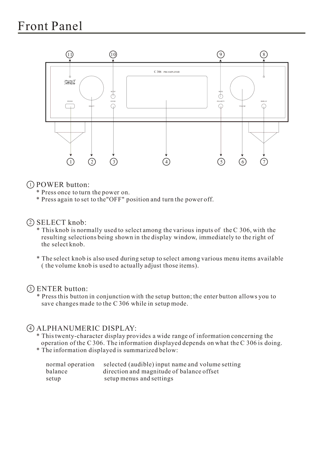 Cary Audio Design C 306 owner manual Front Panel, Alphanumeric Display 