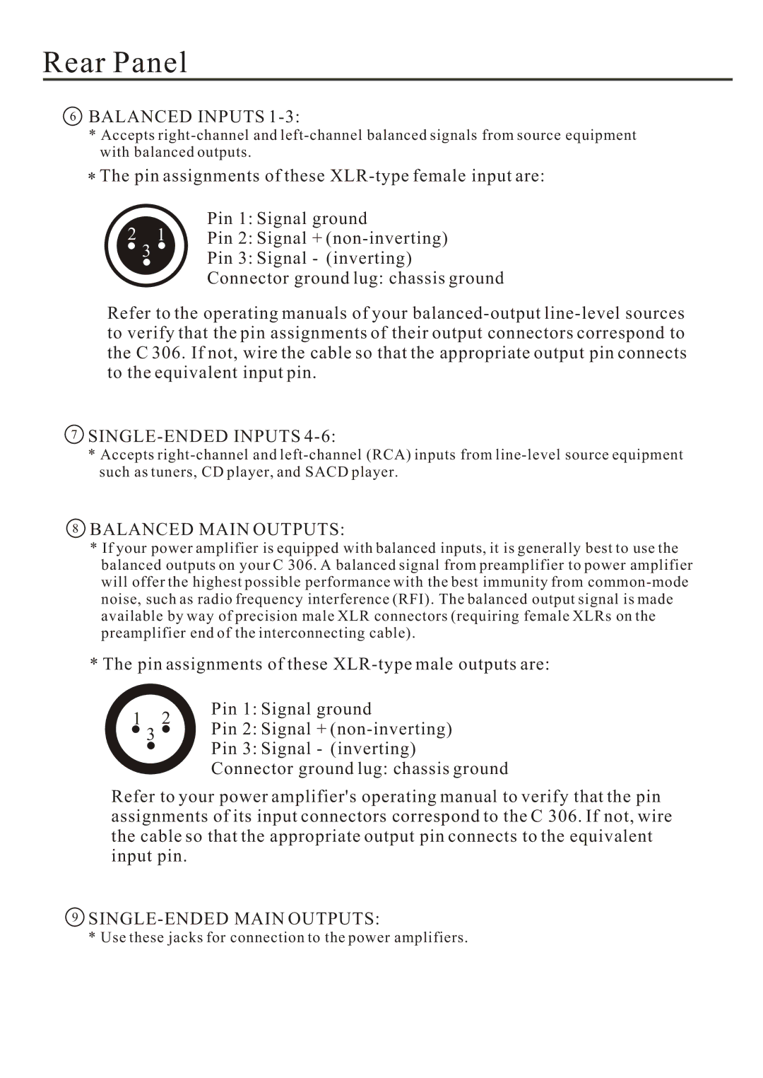 Cary Audio Design C 306 owner manual Balanced Inputs, SINGLE-ENDED Inputs, Balanced Main Outputs, SINGLE-ENDED Main Outputs 