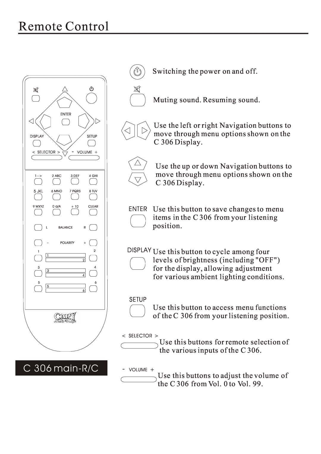 Cary Audio Design owner manual Remote Control, C 306 main-R/C 