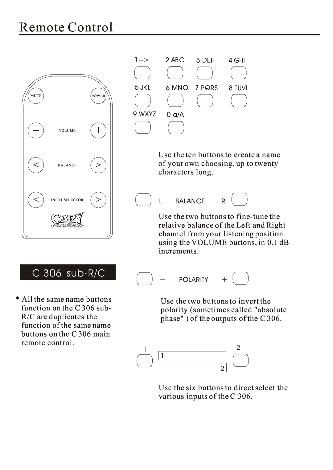 Cary Audio Design C 306 owner manual C306 sub-R/C, Remote Control 