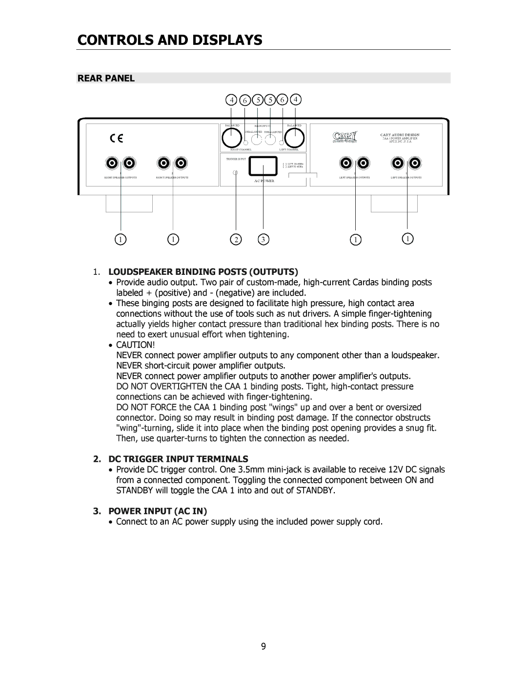 Cary Audio Design CAA 1 Rear Panel, Loudspeaker Binding Posts Outputs, DC Trigger Input Terminals, Power Input AC 