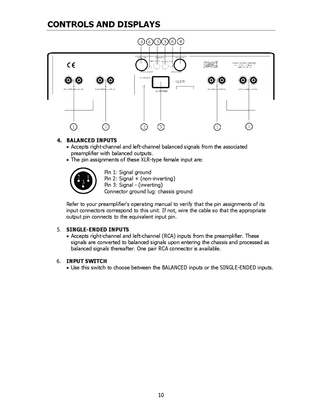 Cary Audio Design CAA 1 owner manual Balanced Inputs, SINGLE-ENDED Inputs, Input Switch 